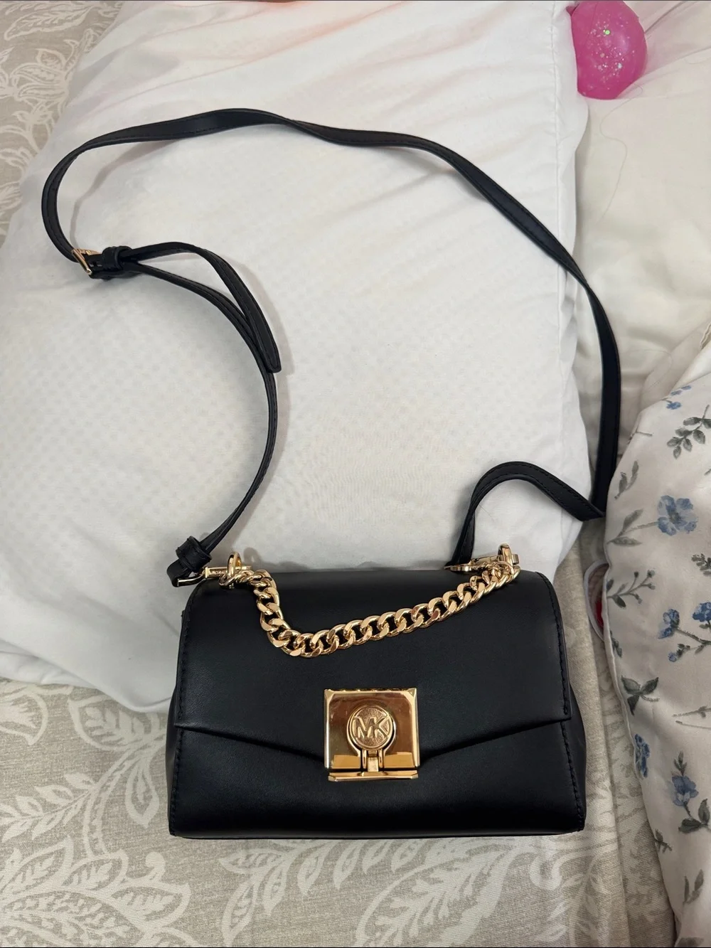 Michael Kors Black Leather Crossbody with Gold Chain